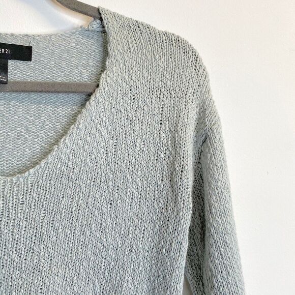 Forever 21 Cropped Long Sleeve Top elastic hem v neck blue green sz Small - Picture 4 of 8